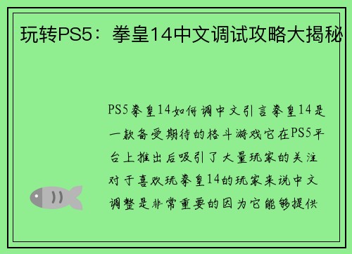 玩转PS5：拳皇14中文调试攻略大揭秘